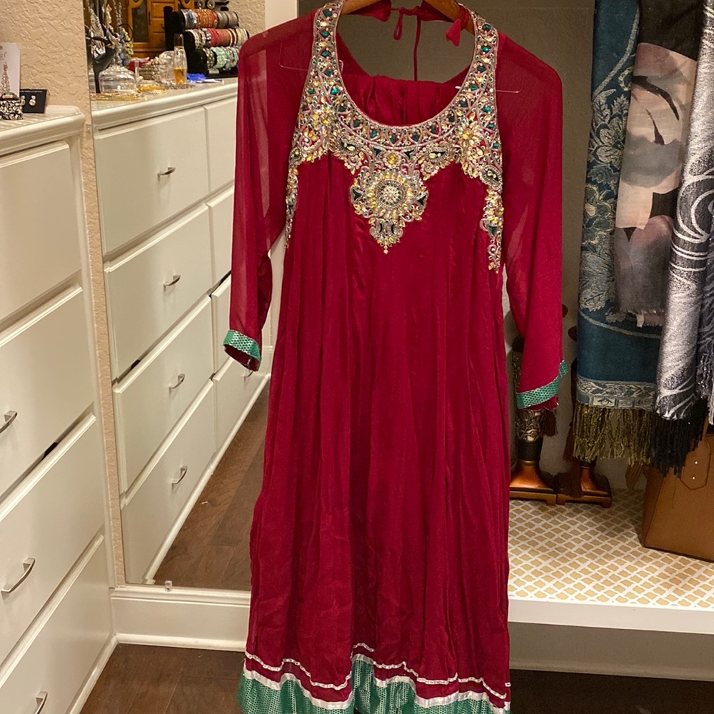 Red Indian Anarkali with pants and dupatta